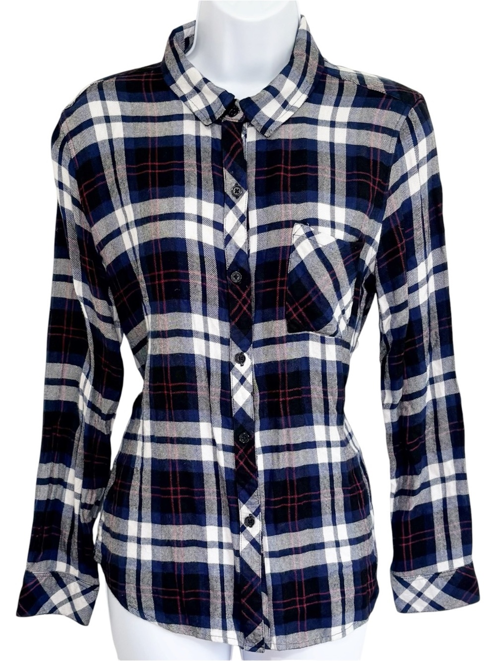 RAILS Hunter Plaid Flannel Button Up Shirt Medium Blue Pink White Rayon - Picture 2 of 10